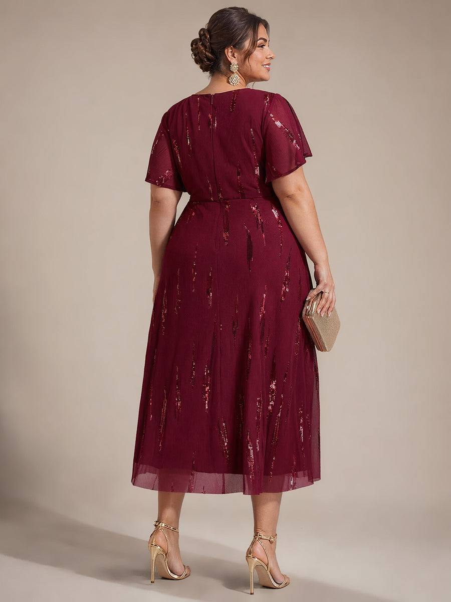 Plus Size Sequin Tulle Wedding Guest Dress #color_Burgundy