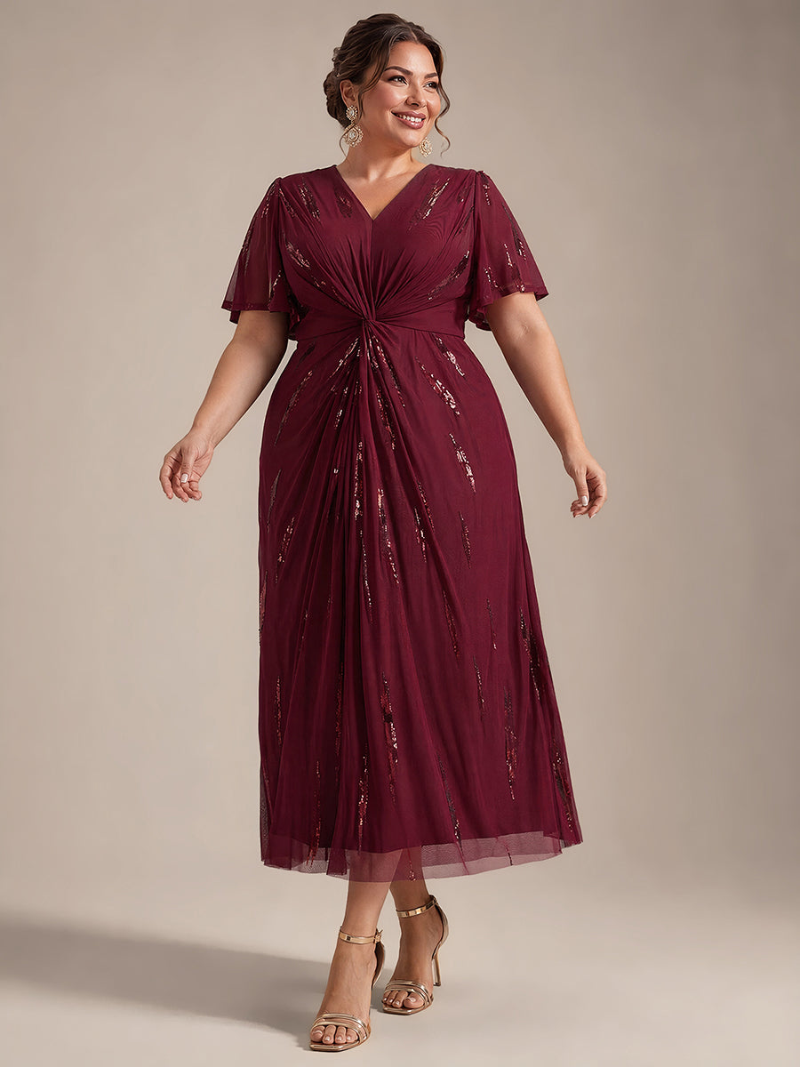 Plus Size Sequin Tulle Wedding Guest Dress #color_Burgundy