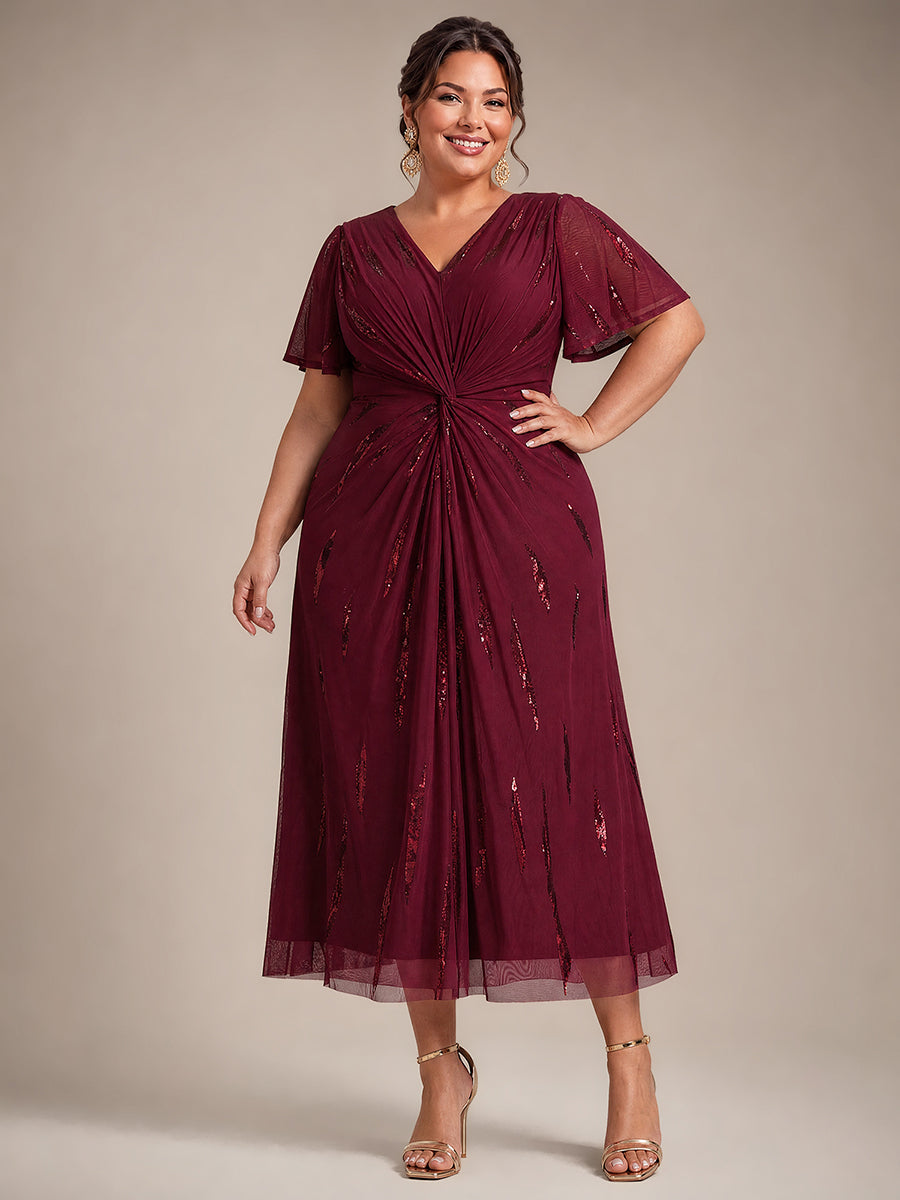 Sequin Tulle Ruffle Sleeve Wedding Guest Dress #color_Burgundy