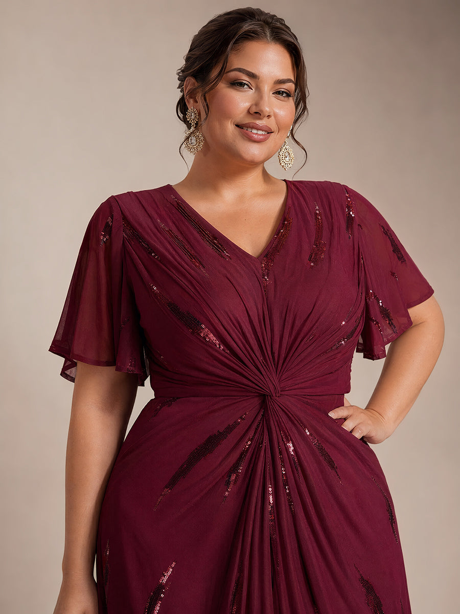 Sequin Tulle Ruffle Sleeve Wedding Guest Dress #color_Burgundy