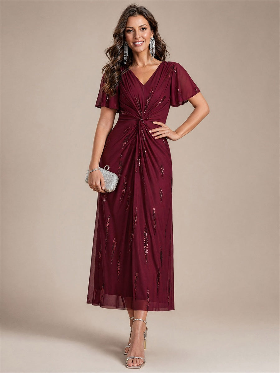 Sequin Tulle Ruffle Sleeve Wedding Guest Dress #color_Burgundy