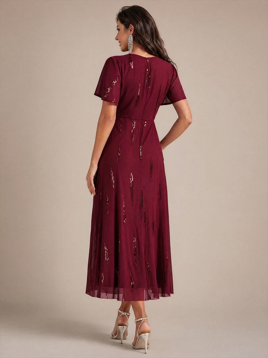 Sequin Tulle Ruffle Sleeve Wedding Guest Dress #color_Burgundy