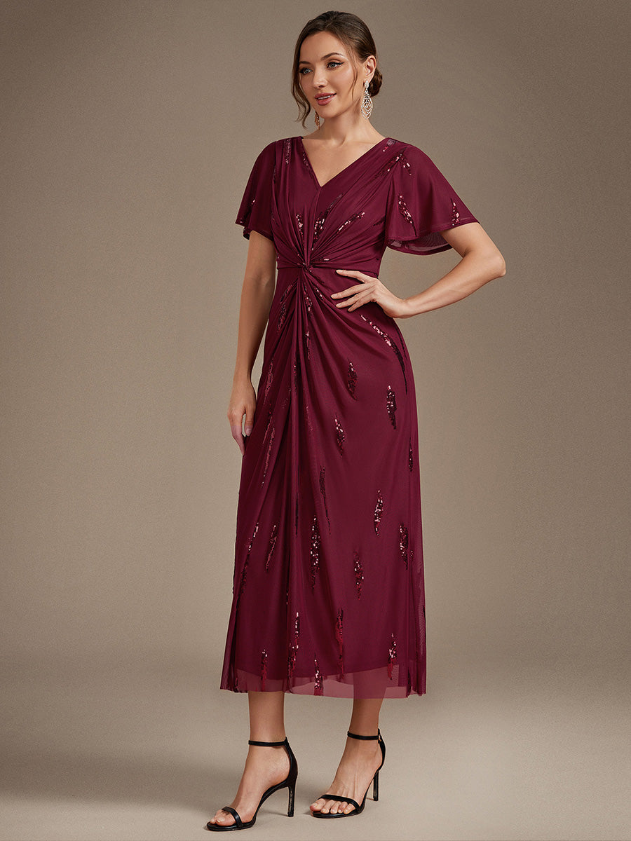 Sequin Tulle Ruffle Sleeve Wedding Guest Dress #color_Burgundy
