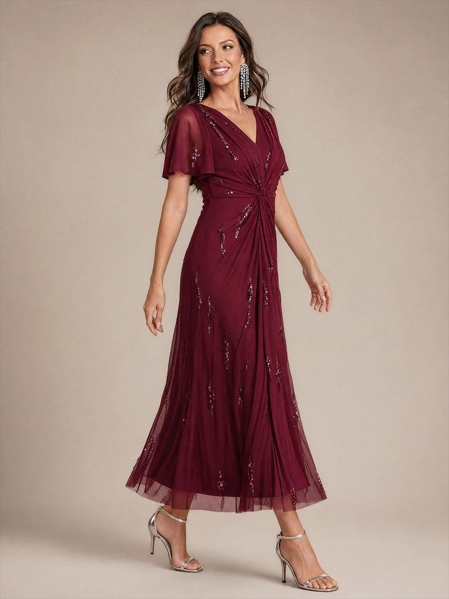Sequin Tulle Ruffle Sleeve Wedding Guest Dress #color_Burgundy