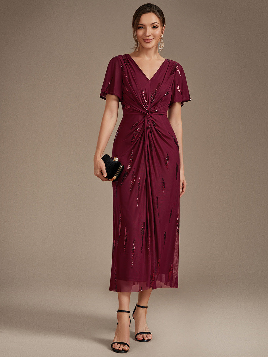 Sequin Tulle Ruffle Sleeve Wedding Guest Dress #color_Burgundy