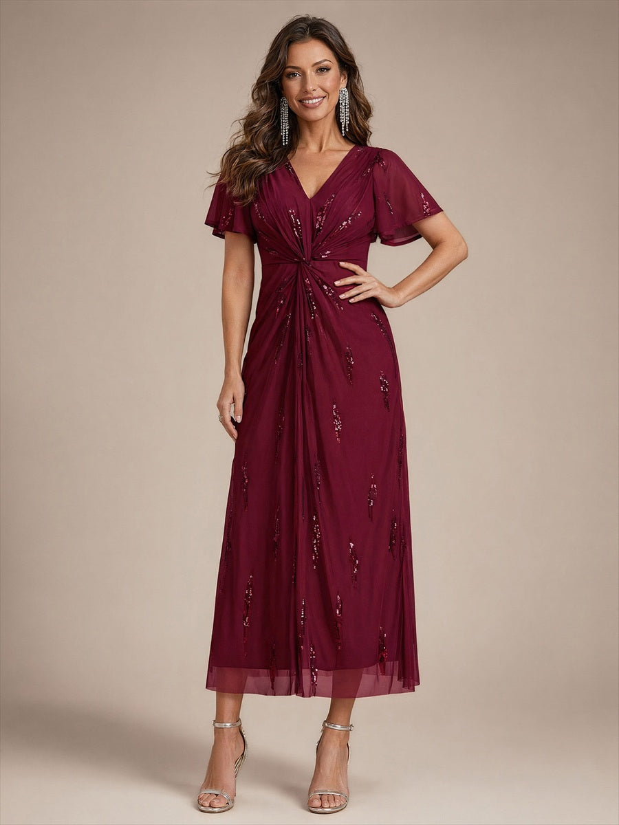 Sequin Tulle Ruffle Sleeve Wedding Guest Dress #color_Burgundy