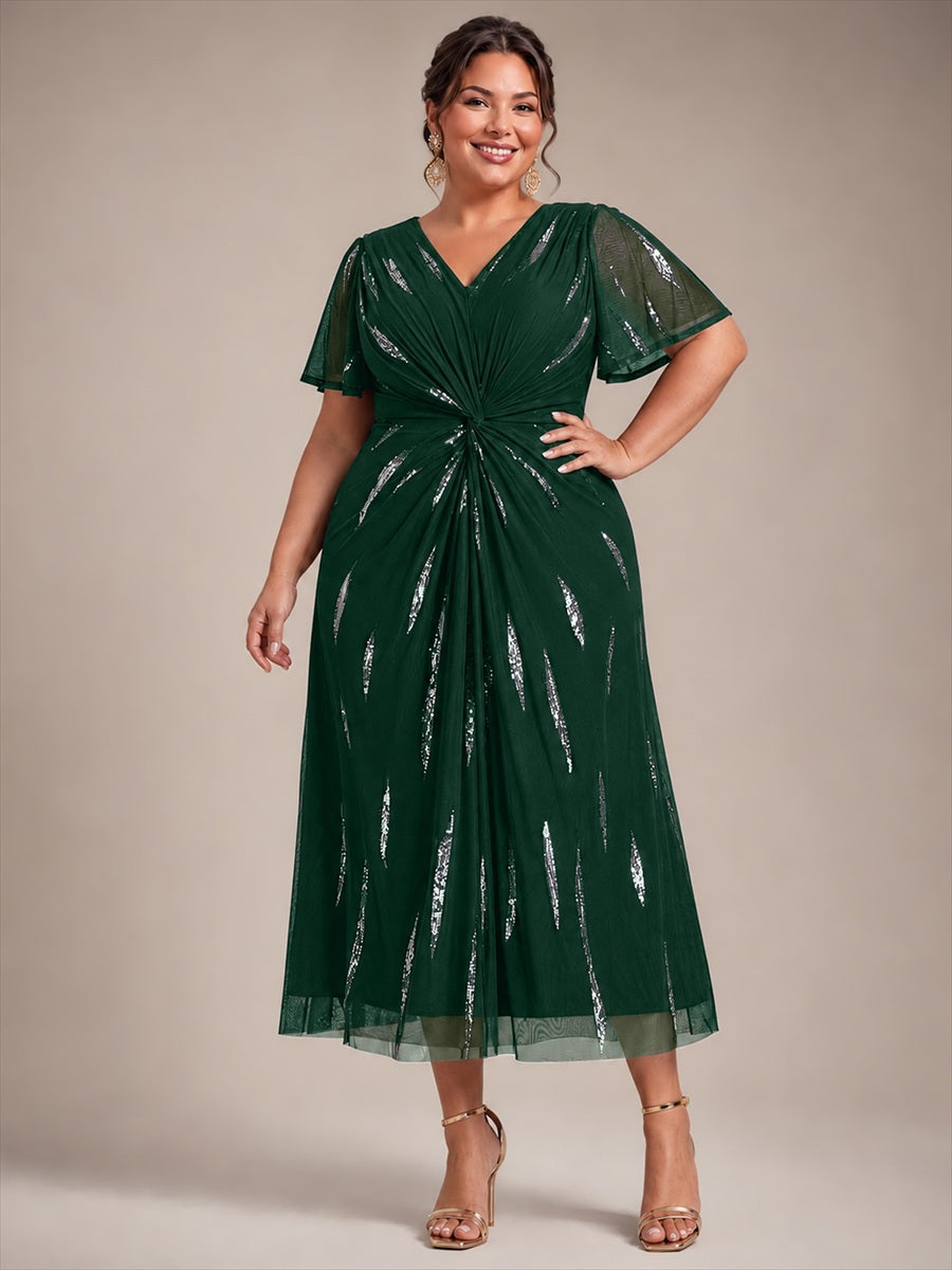 Plus Size Sequin Tulle Wedding Guest Dress #color_Dark Green
