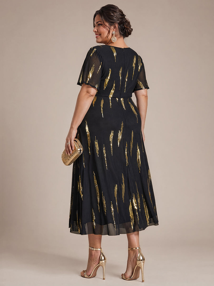 Sequin Tulle Ruffle Sleeve Wedding Guest Dress #color_Black&Metallic Gold