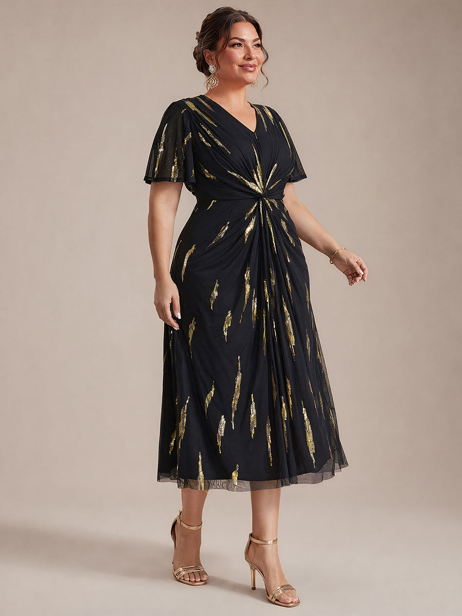 Sequin Tulle Ruffle Sleeve Wedding Guest Dress #color_Black&Metallic Gold