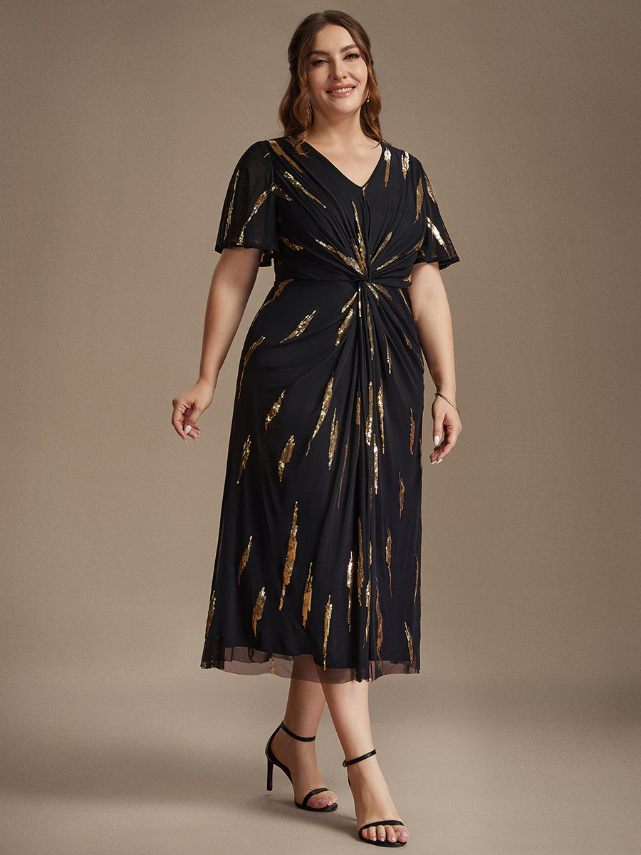 Plus Size Sequin Tulle Wedding Guest Dress #color_Black & Gold