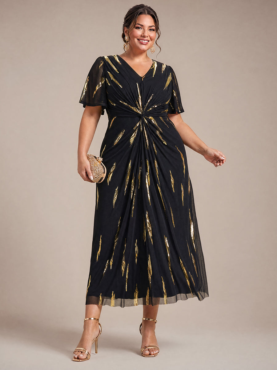 Plus Size Sequin Tulle Wedding Guest Dress #color_Black&Metallic Gold