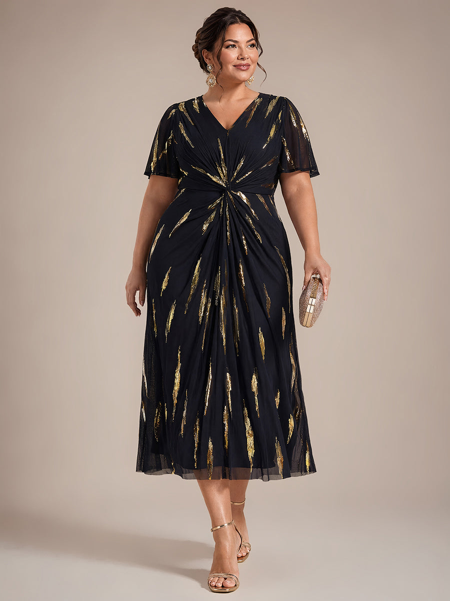 Plus Size Sequin Tulle Wedding Guest Dress #color_Black&Metallic Gold