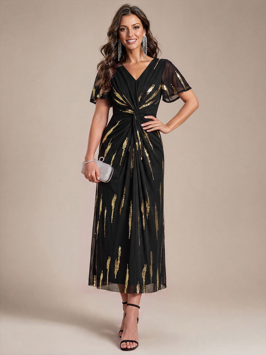 Sequin Tulle Ruffle Sleeve Wedding Guest Dress #color_Black&Metallic Gold