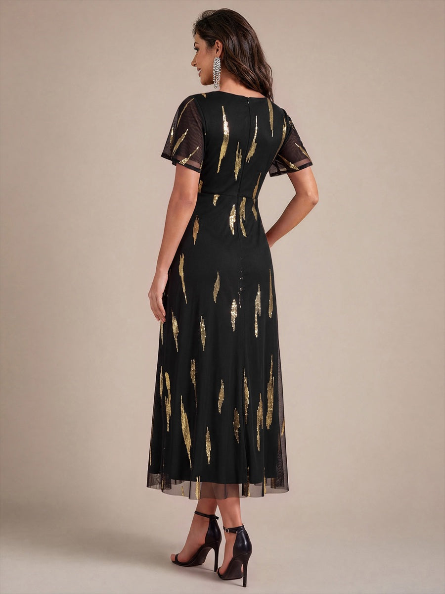 Sequin Tulle Ruffle Sleeve Wedding Guest Dress #color_Black&Metallic Gold