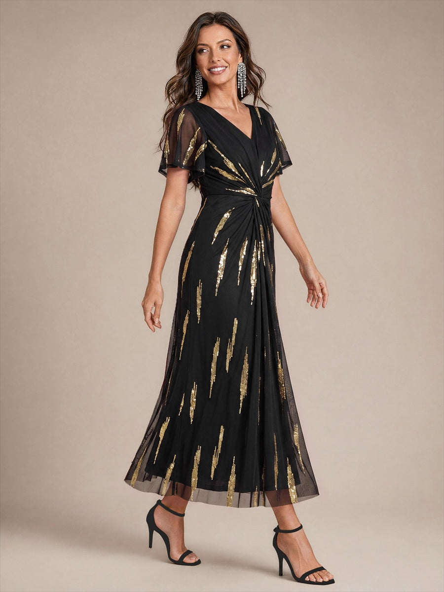 Sequin Tulle Ruffle Sleeve Wedding Guest Dress #color_Black&Metallic Gold