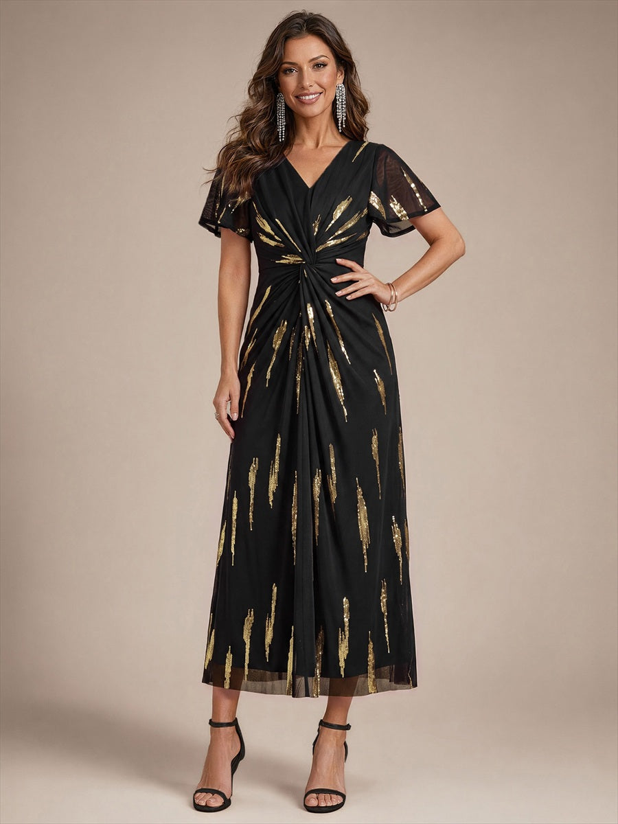 Sequin Tulle Ruffle Sleeve Wedding Guest Dress #color_Black&Metallic Gold
