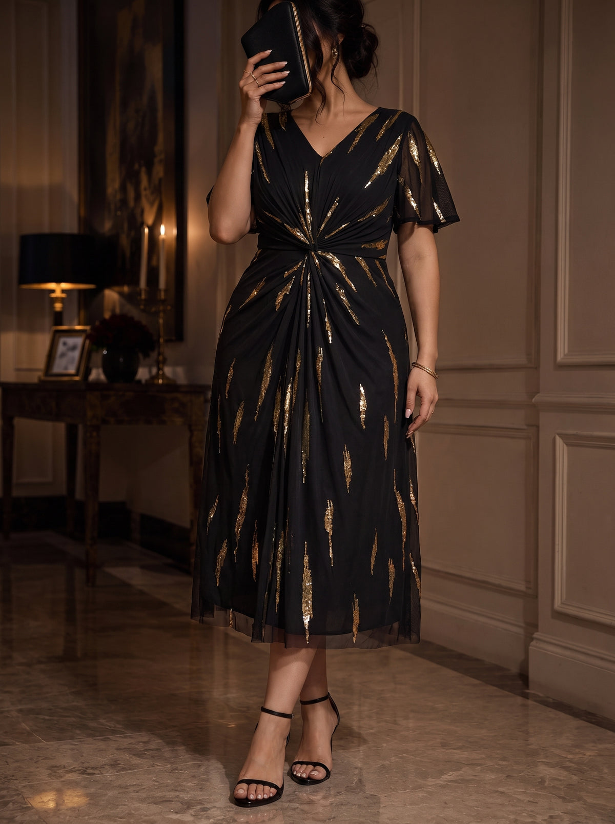 Sequin Tulle Ruffle Sleeve Wedding Guest Dress #color_Black&Metallic Gold