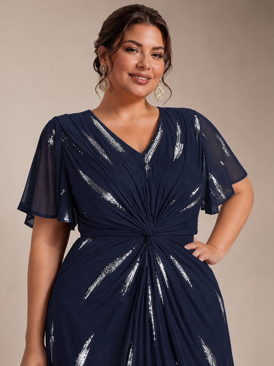 Sequin Tulle Ruffle Sleeve Wedding Guest Dress #color_Navy Blue