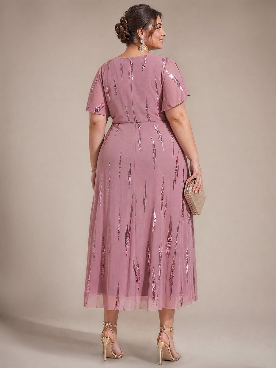 Sequin Tulle Ruffle Sleeve Wedding Guest Dress #color_Purple Orchid