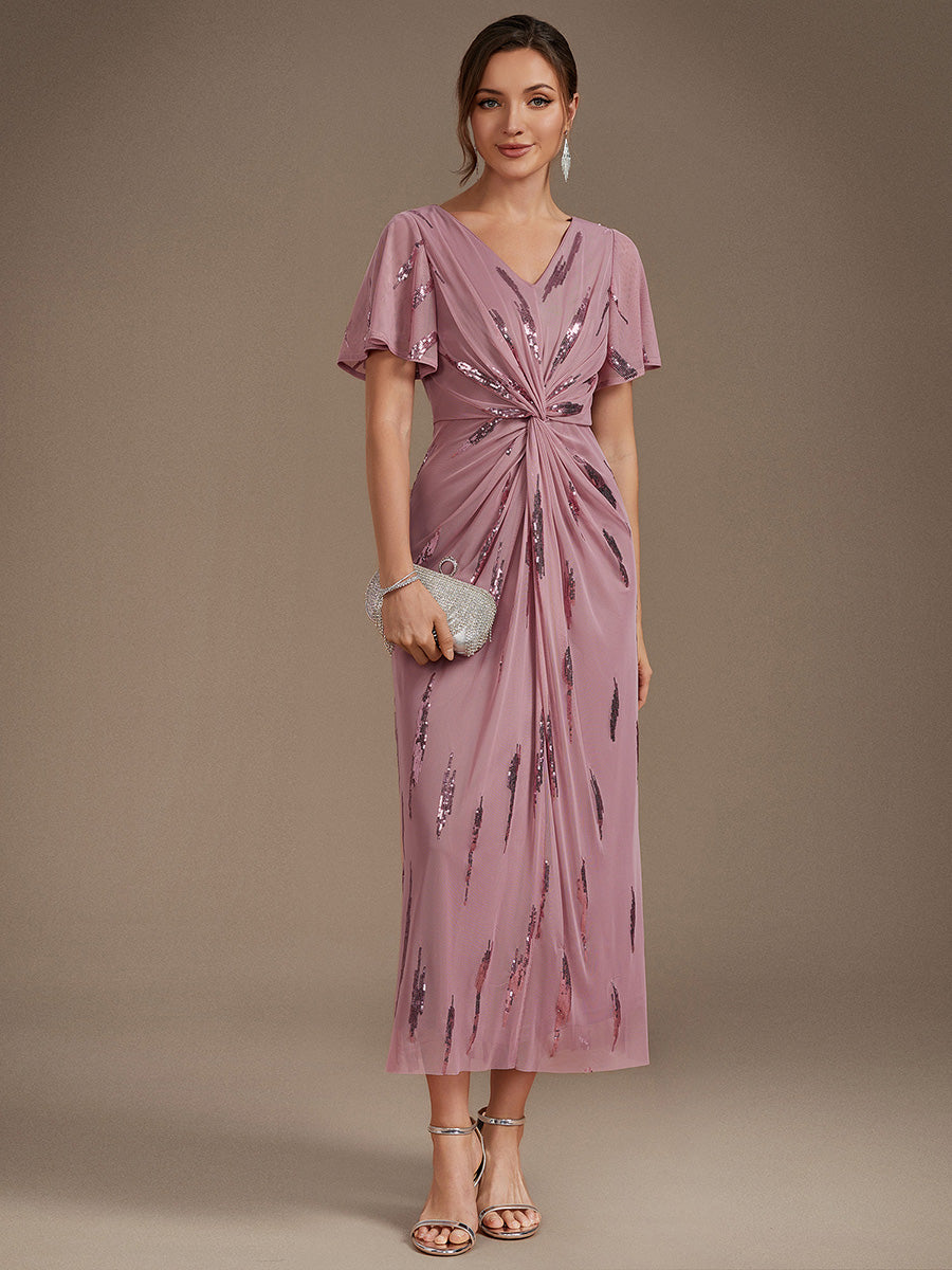 Sequin Tulle Ruffle Sleeve Wedding Guest Dress #color_Purple Orchid