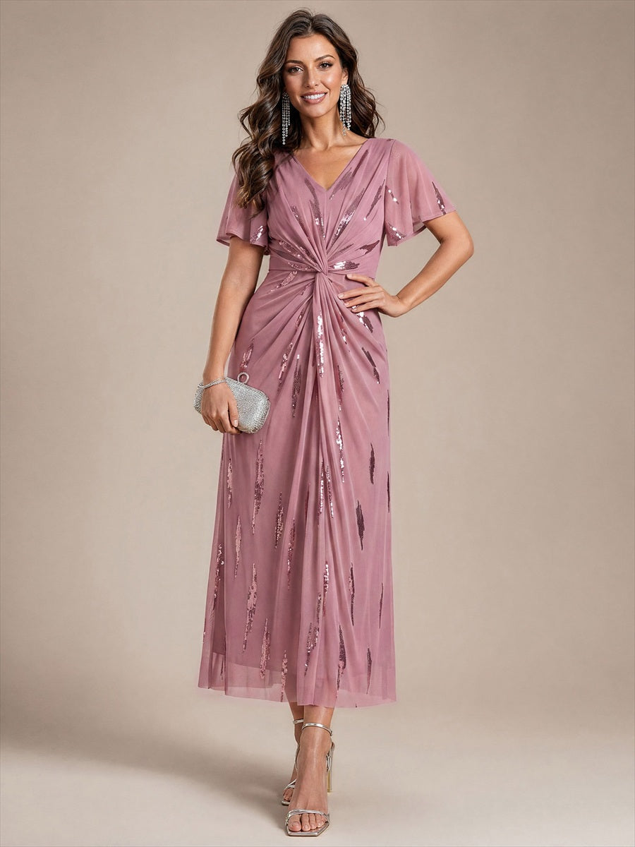 Sequin Tulle Ruffle Sleeve Wedding Guest Dress #color_Purple Orchid