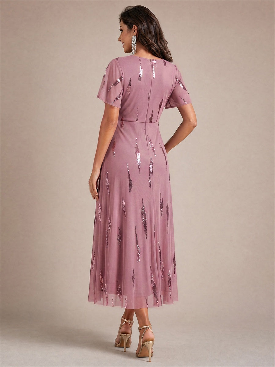 Sequin Tulle Ruffle Sleeve Wedding Guest Dress #color_Purple Orchid