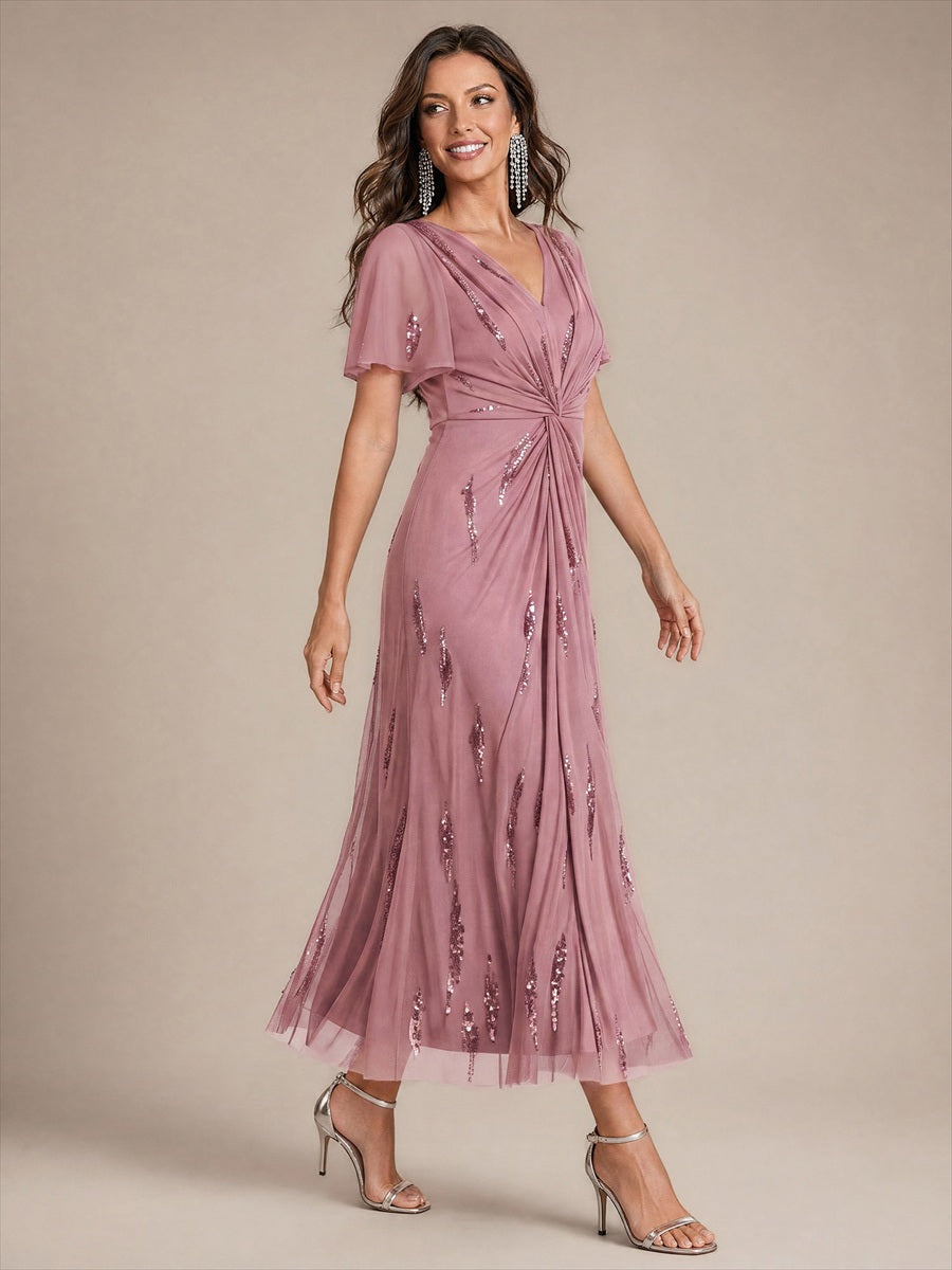 Sequin Tulle Ruffle Sleeve Wedding Guest Dress #color_Purple Orchid