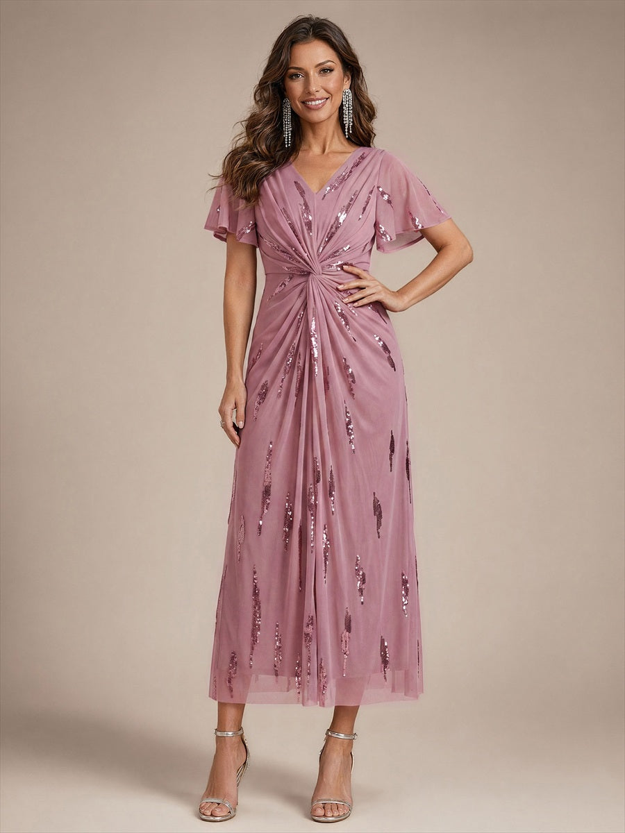 Sequin Tulle Ruffle Sleeve Wedding Guest Dress #color_Purple Orchid