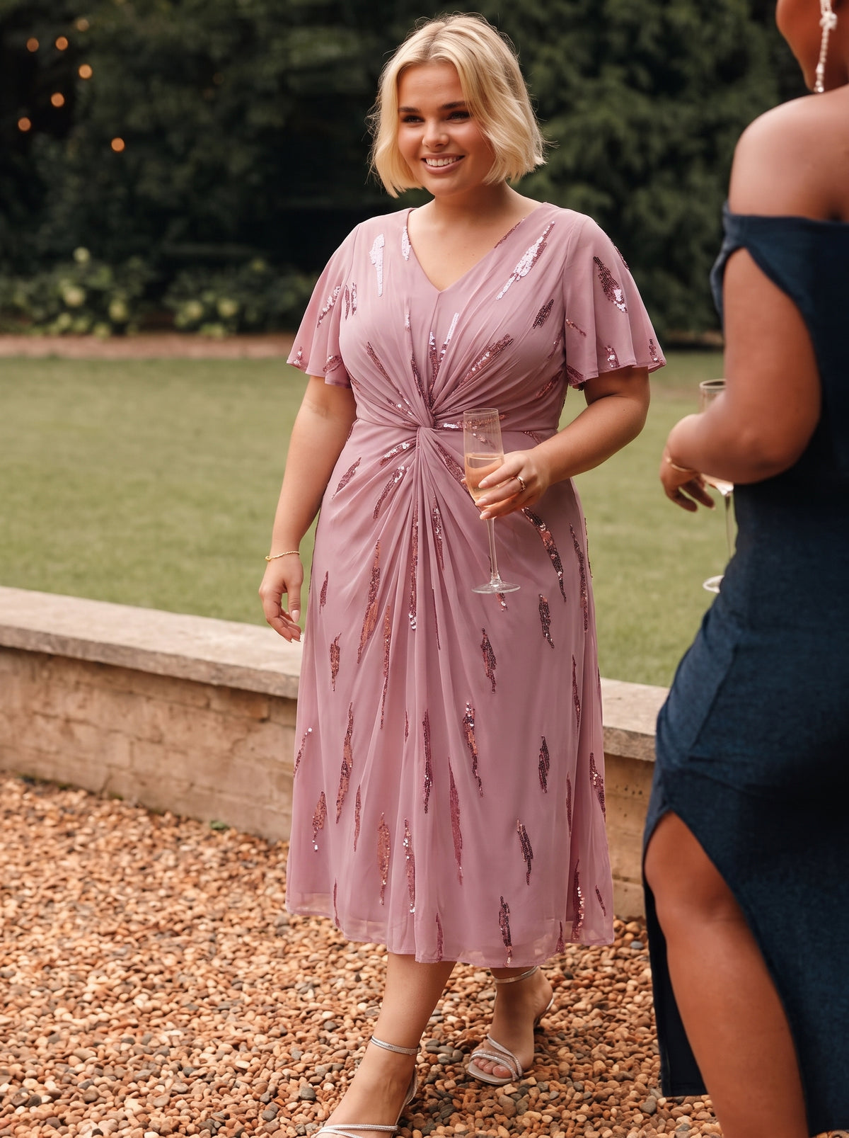 Sequin Tulle Ruffle Sleeve Wedding Guest Dress #color_Purple Orchid