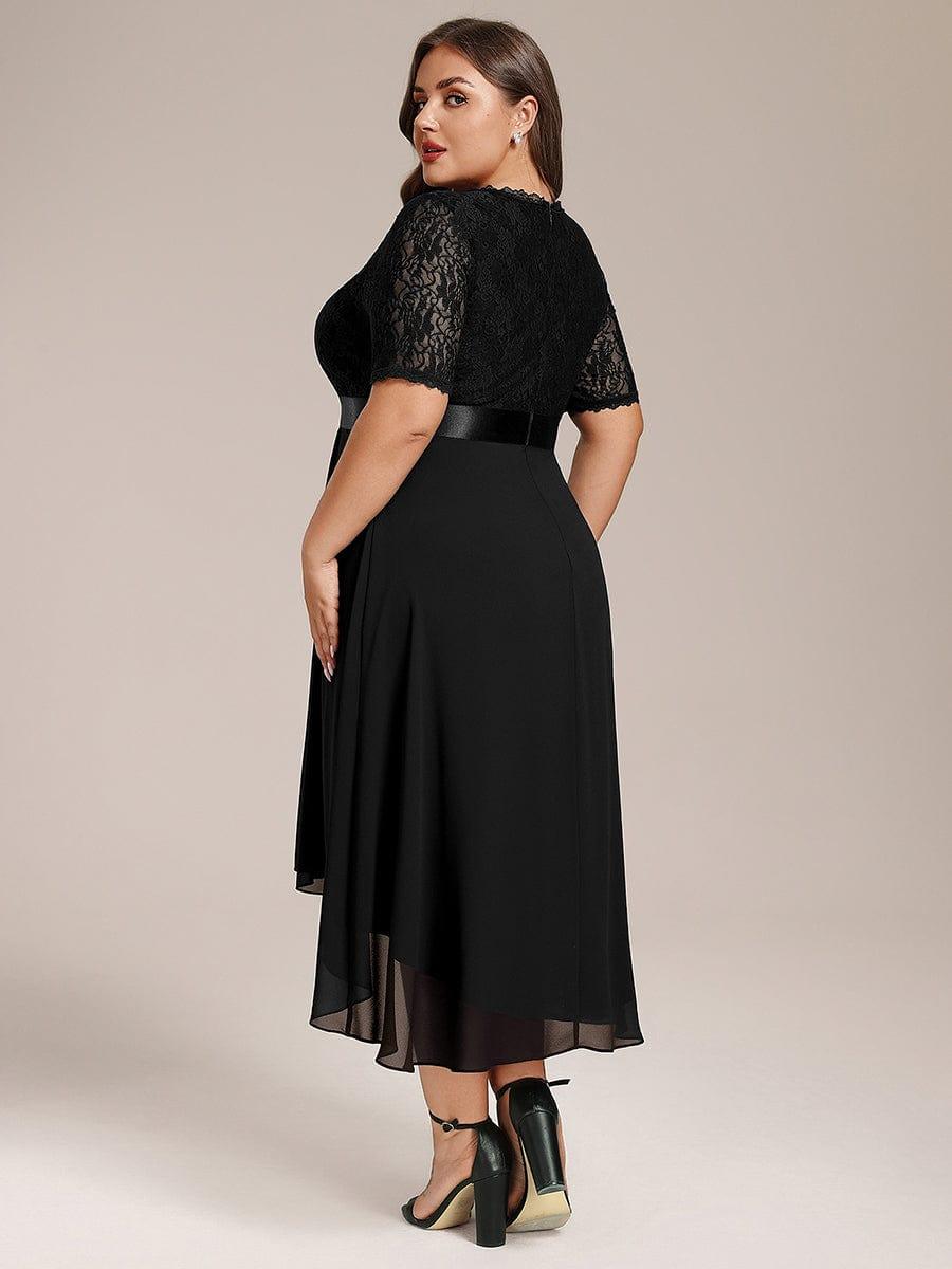 Plus Size Half Sleeve A-line Lace Formal Evening Dress #color_Black