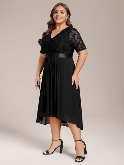 Half Sleeve A-line Lace Formal Evening Dress #color_Black