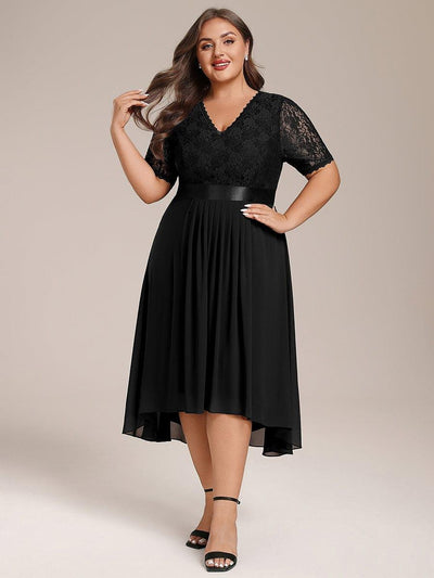 Plus Size Half Sleeve A-line Lace Formal Evening Dress #color_Black