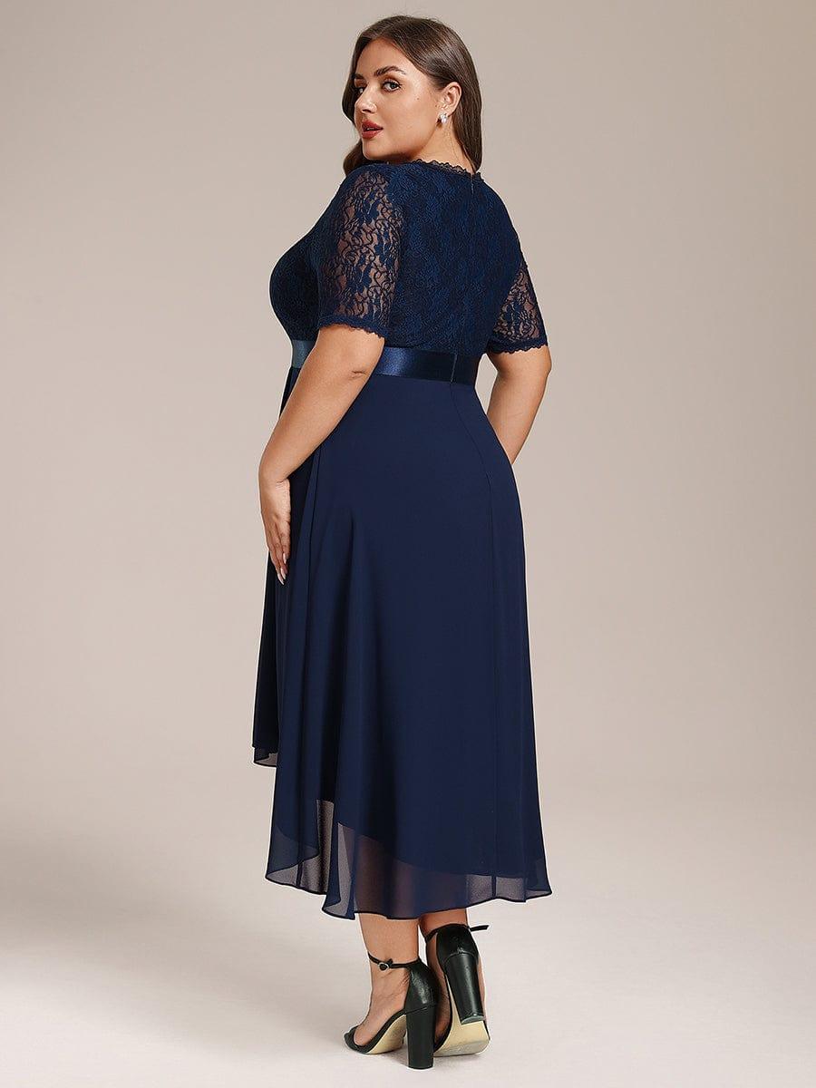 Plus Size Half Sleeve A-line Lace Formal Evening Dress #color_Navy Blue