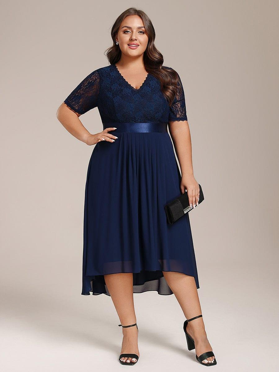 Plus Size Half Sleeve A-line Lace Formal Evening Dress #color_Navy Blue