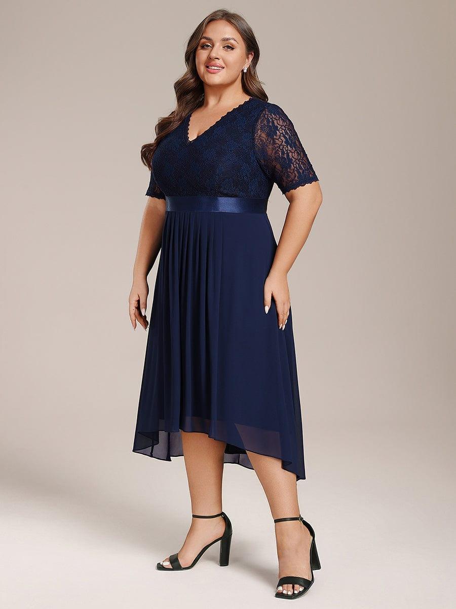 Plus Size Half Sleeve A-line Lace Formal Evening Dress #color_Navy Blue