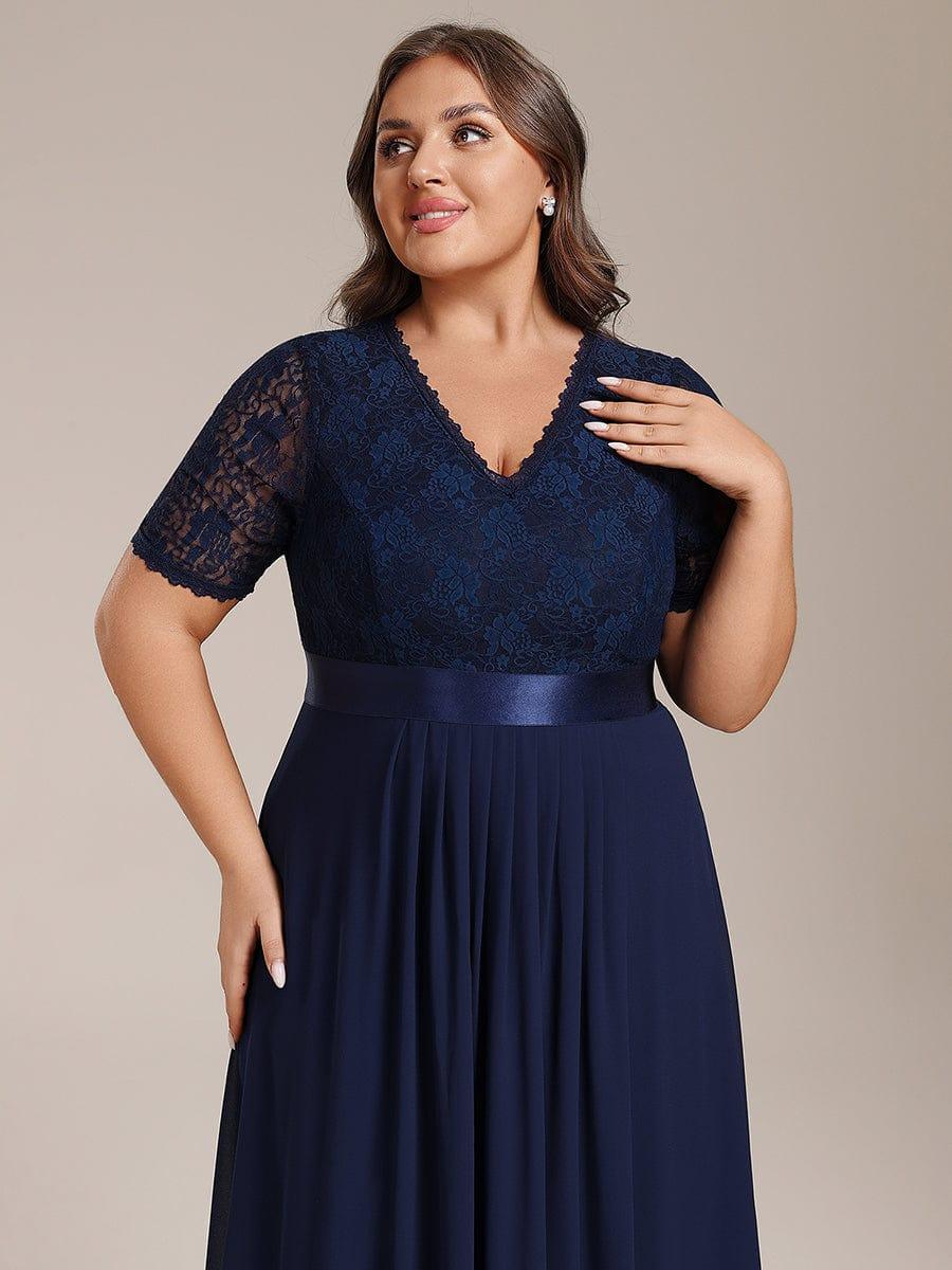 Plus Size Half Sleeve A-line Lace Formal Evening Dress #color_Navy Blue
