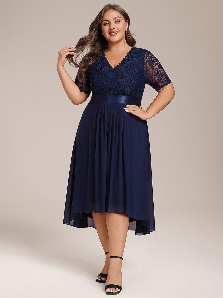 Plus Size Half Sleeve A-line Lace Formal Evening Dress #color_Navy Blue