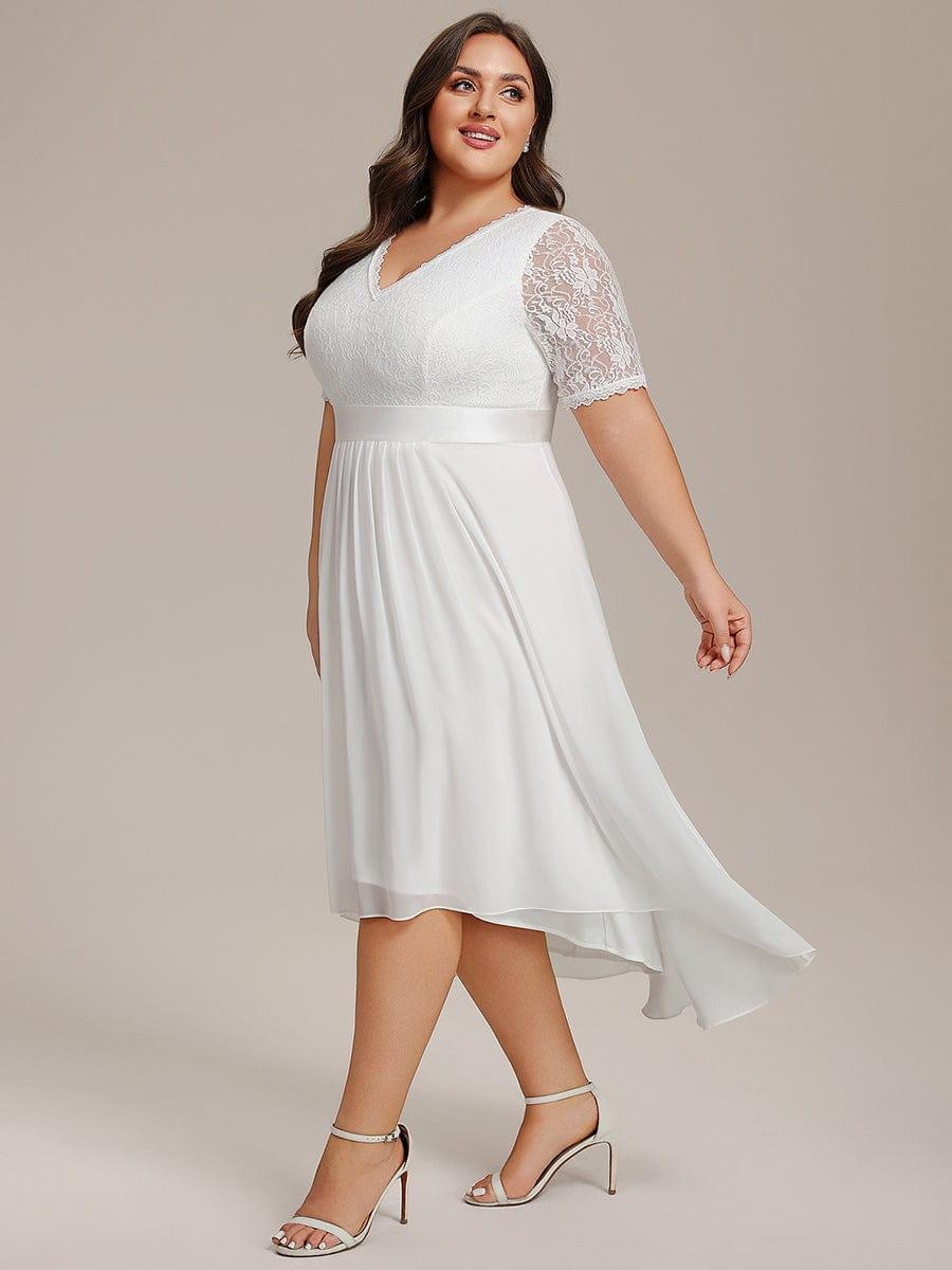 Plus Size Half Sleeve A-line Lace Formal Evening Dress #color_White