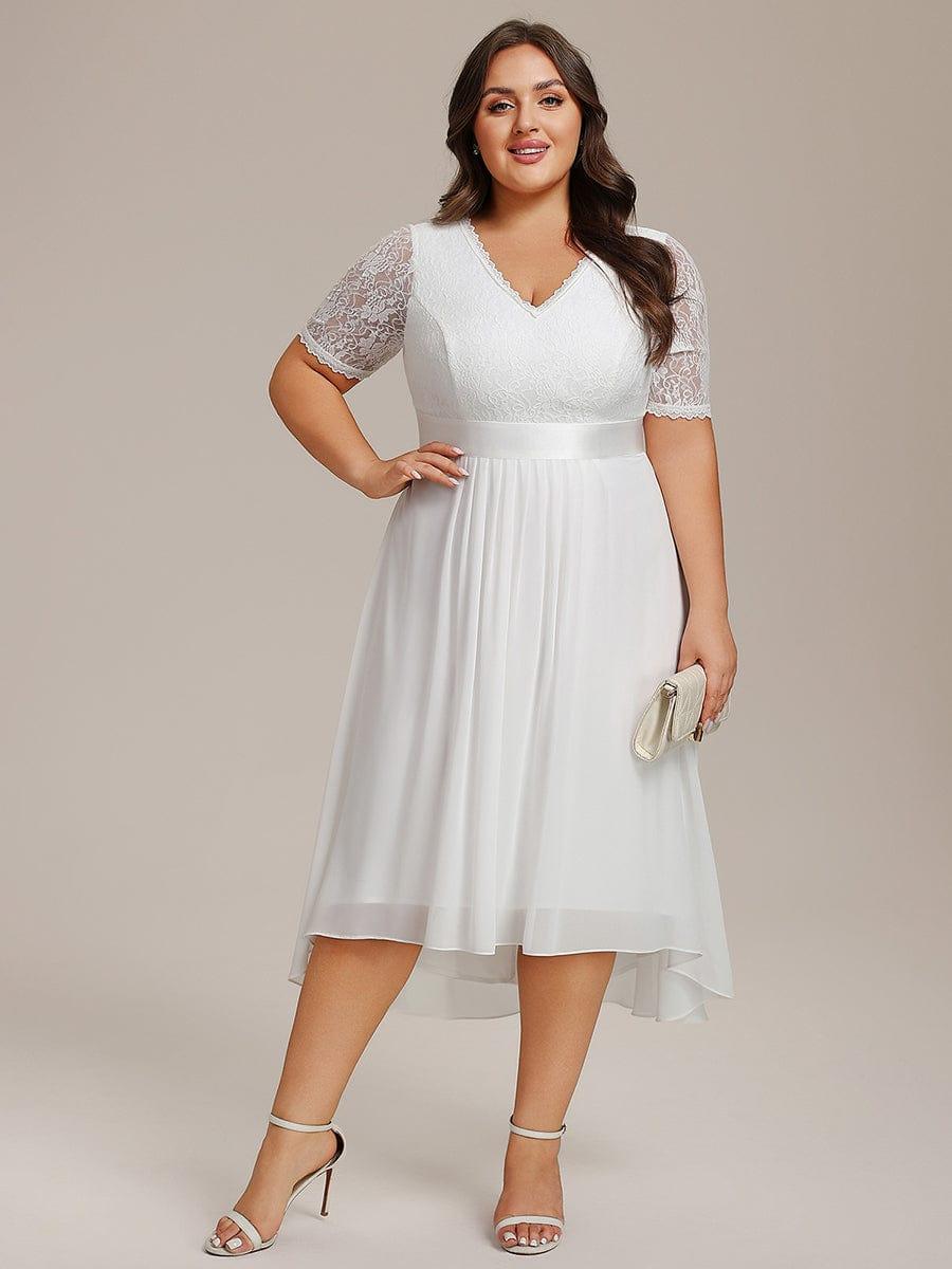 Plus Size Half Sleeve A-line Lace Formal Evening Dress #color_White
