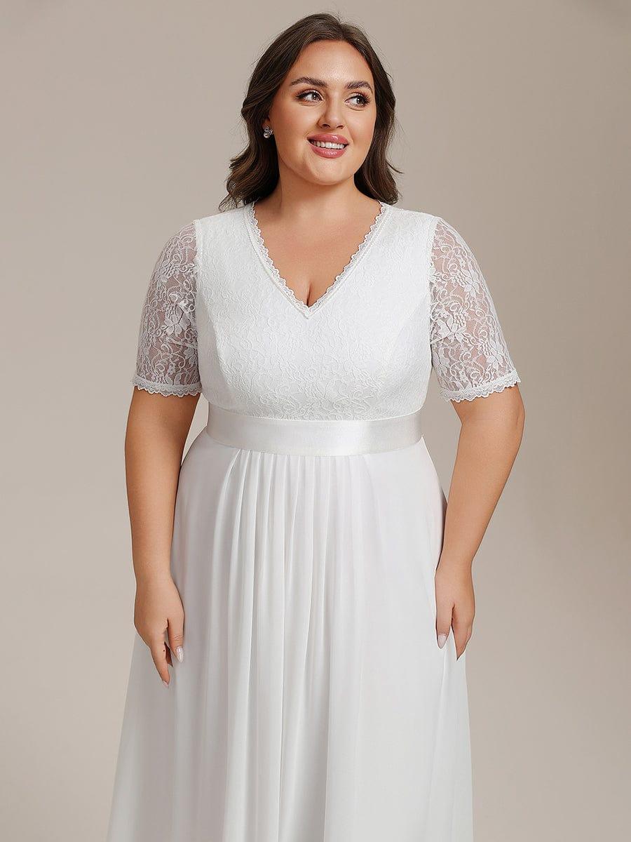 Plus Size Half Sleeve A-line Lace Formal Evening Dress #color_White