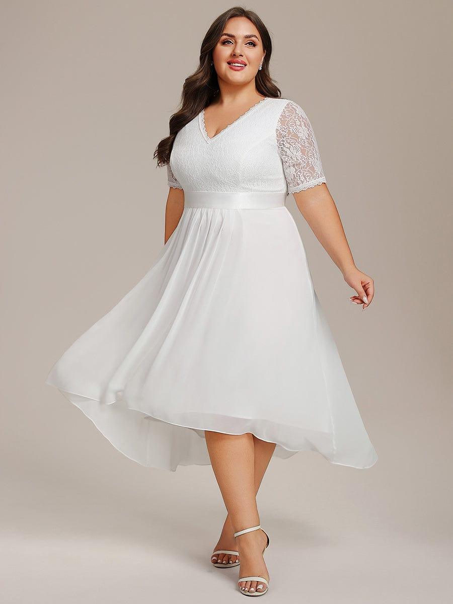 Plus Size Half Sleeve A-line Lace Formal Evening Dress #color_White