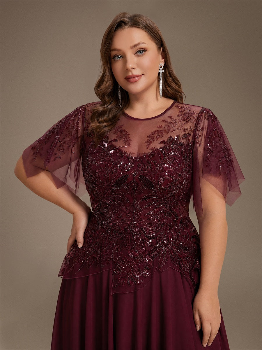Plus Size Ruffle Tulle Wedding Guest Dress #color_Burgundy