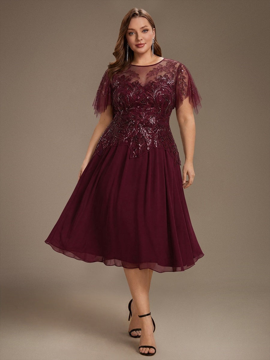 Plus Size Ruffle Tulle Wedding Guest Dress #color_Burgundy
