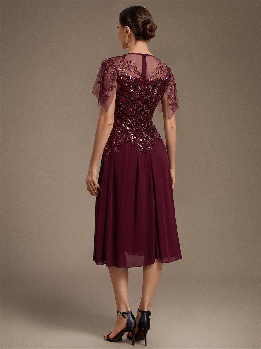 Ruffle See-Through Ruffle Sleeve Wedding Guest Dress #color_Burgundy