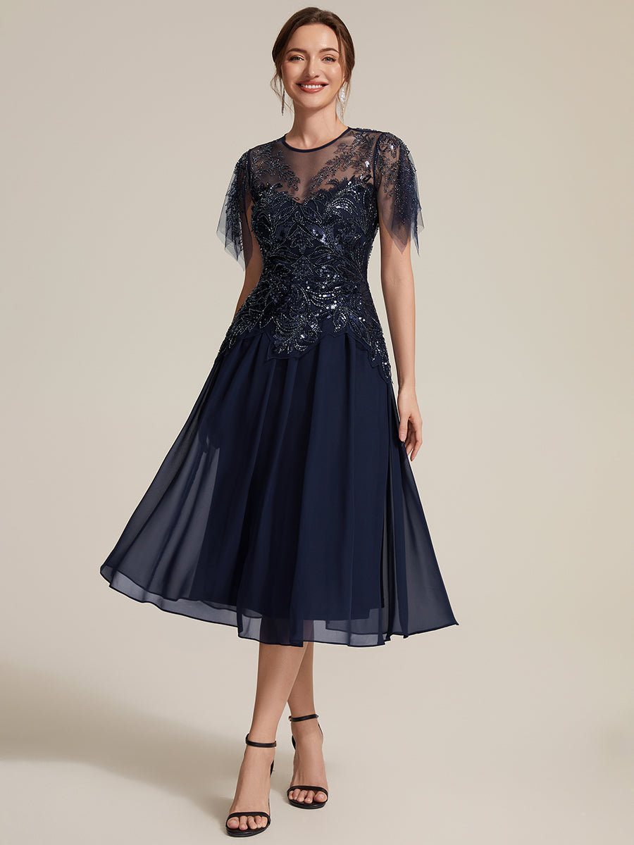 Ruffle See-Through Ruffle Sleeve Wedding Guest Dress #color_Navy Blue