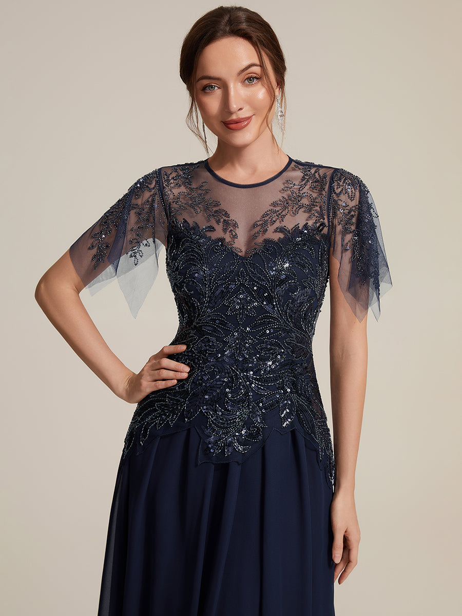 Ruffle See-Through Ruffle Sleeve Wedding Guest Dress #color_Navy Blue