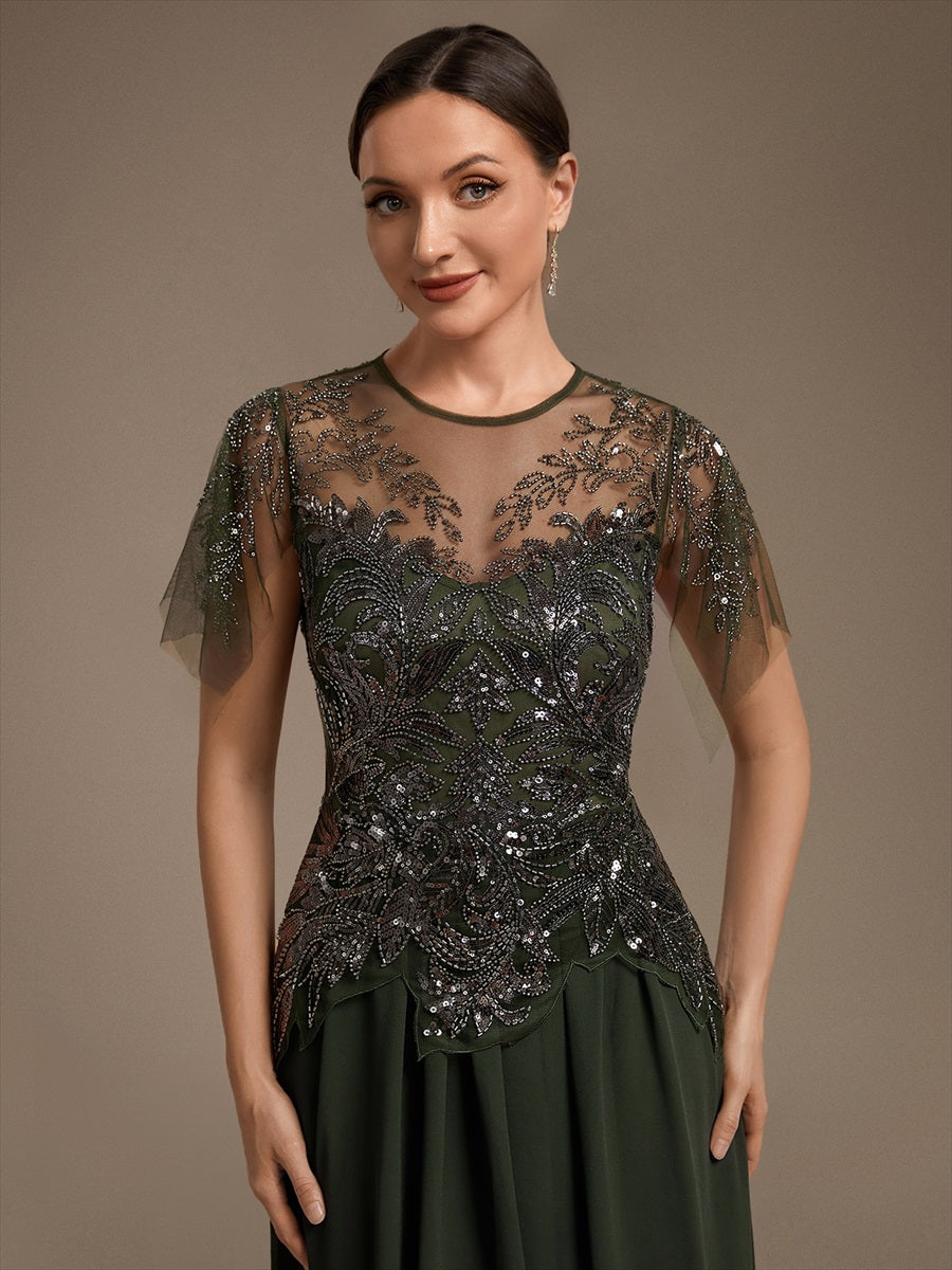 Ruffle See-Through Ruffle Sleeve Wedding Guest Dress #color_Olive Green