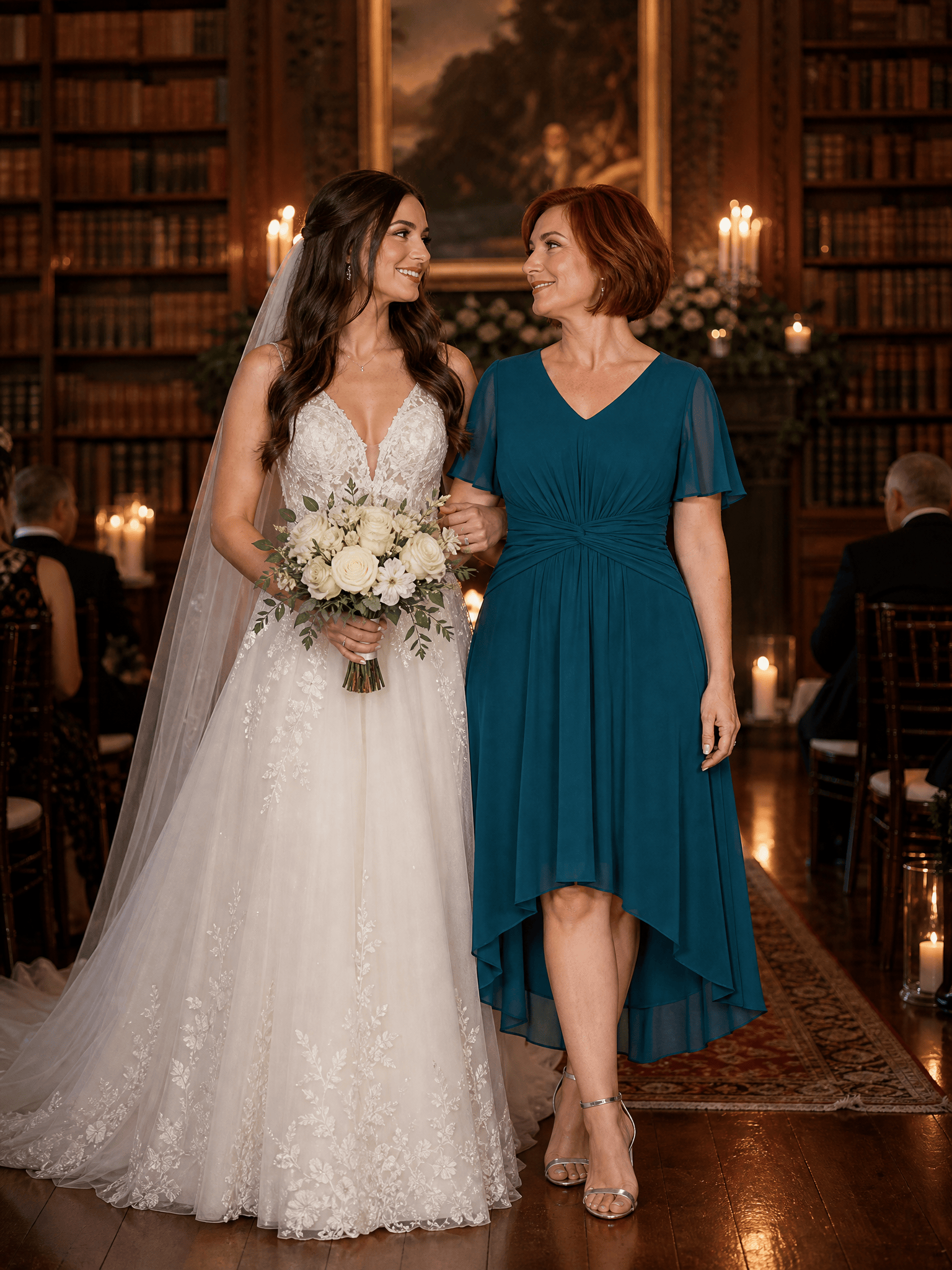 Knot Detail Chiffon Ruffle Sleeve Wedding Guest Dress #color_Teal Blue