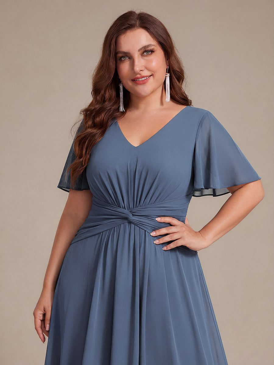 Knot Detail Chiffon Ruffle Sleeve Wedding Guest Dress #color_Dusty Blue