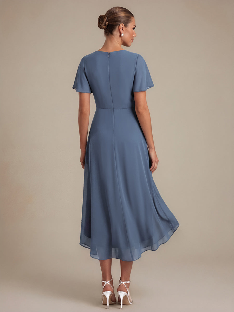 Knot Detail Chiffon Ruffle Sleeve Wedding Guest Dress #color_Dusty Blue